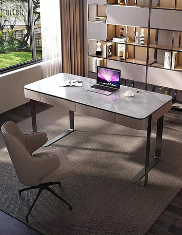 Modern marble-top office desk with sleek metal legs and integrated drawers functional office desk design