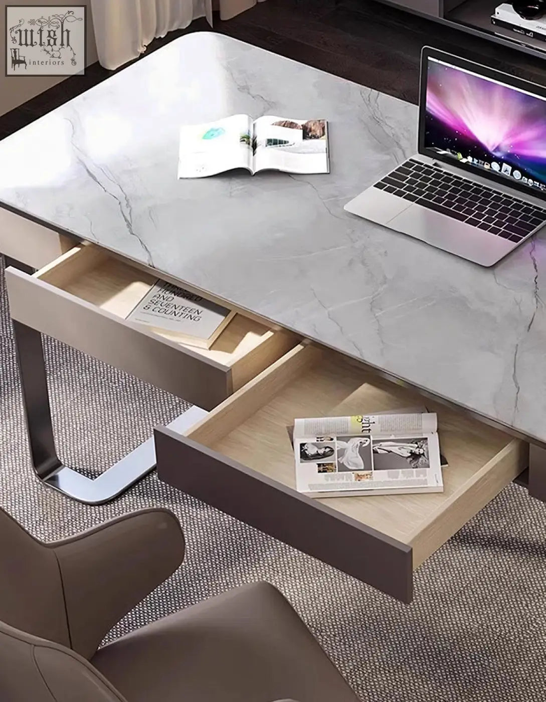 Hanna office desk with gray marble top and sleek metal legs is a functional office desk with light wood drawers