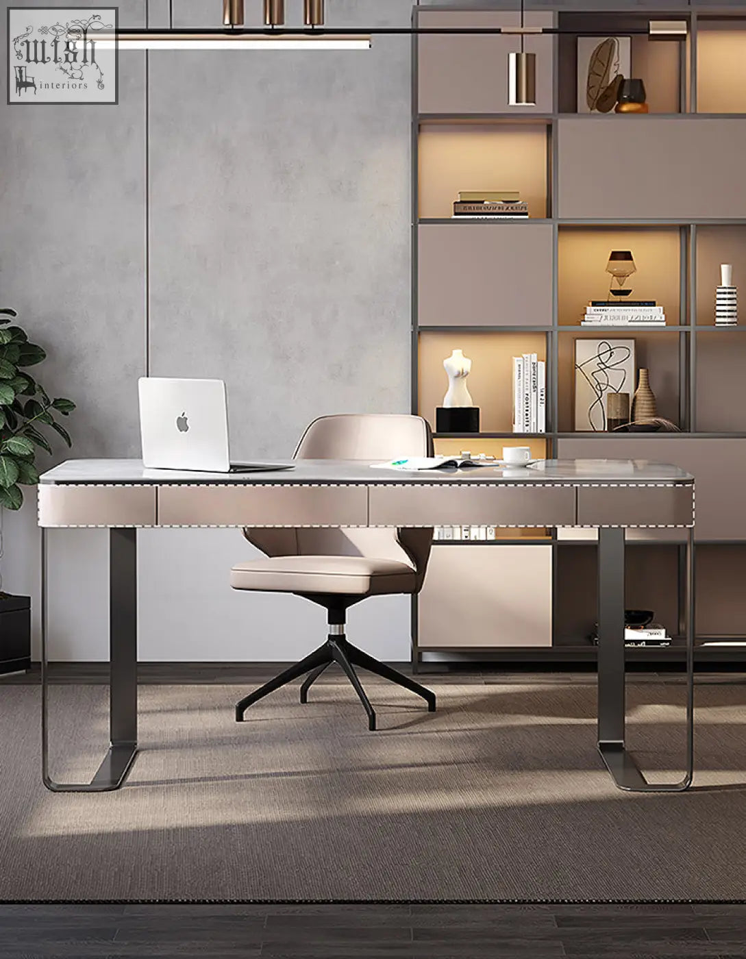 Modern minimalist hanna office desk with light gray sintered stone top and dark metal legs with nailhead trim
