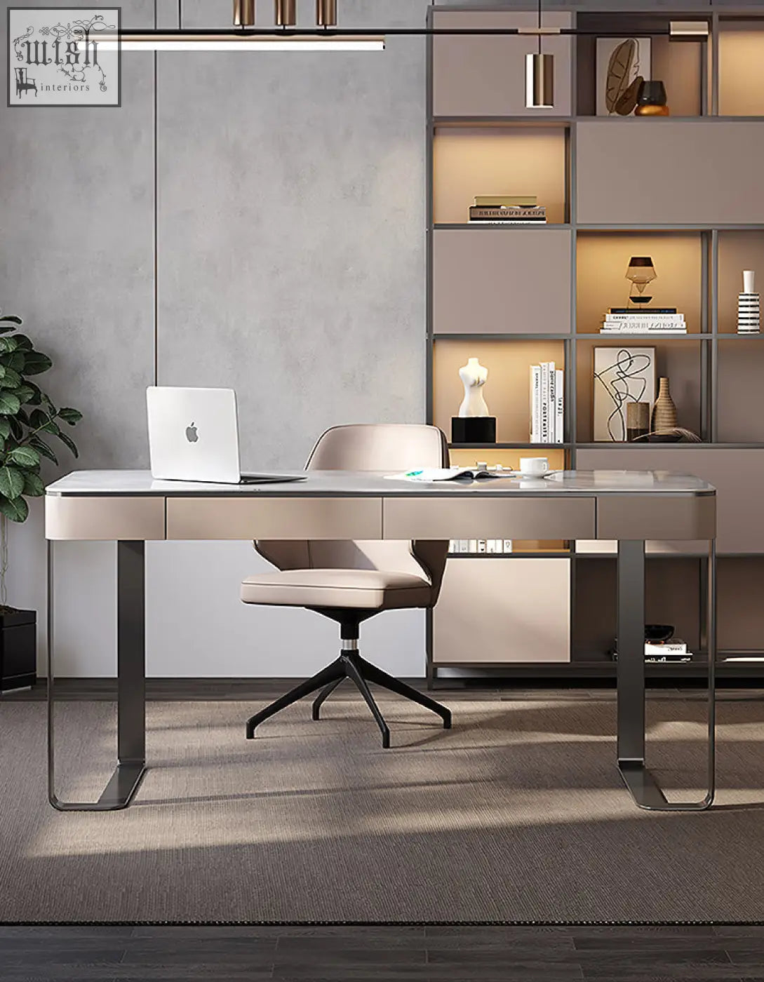 Hanna office desk with sleek light gray sintered stone top and matte black metal legs modern minimalist office desk