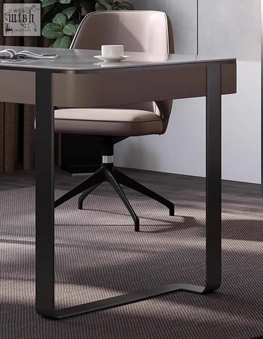 Modern hanna office desk with sleek dark gray sintered stone top and matte black metal legs for stylish workspace