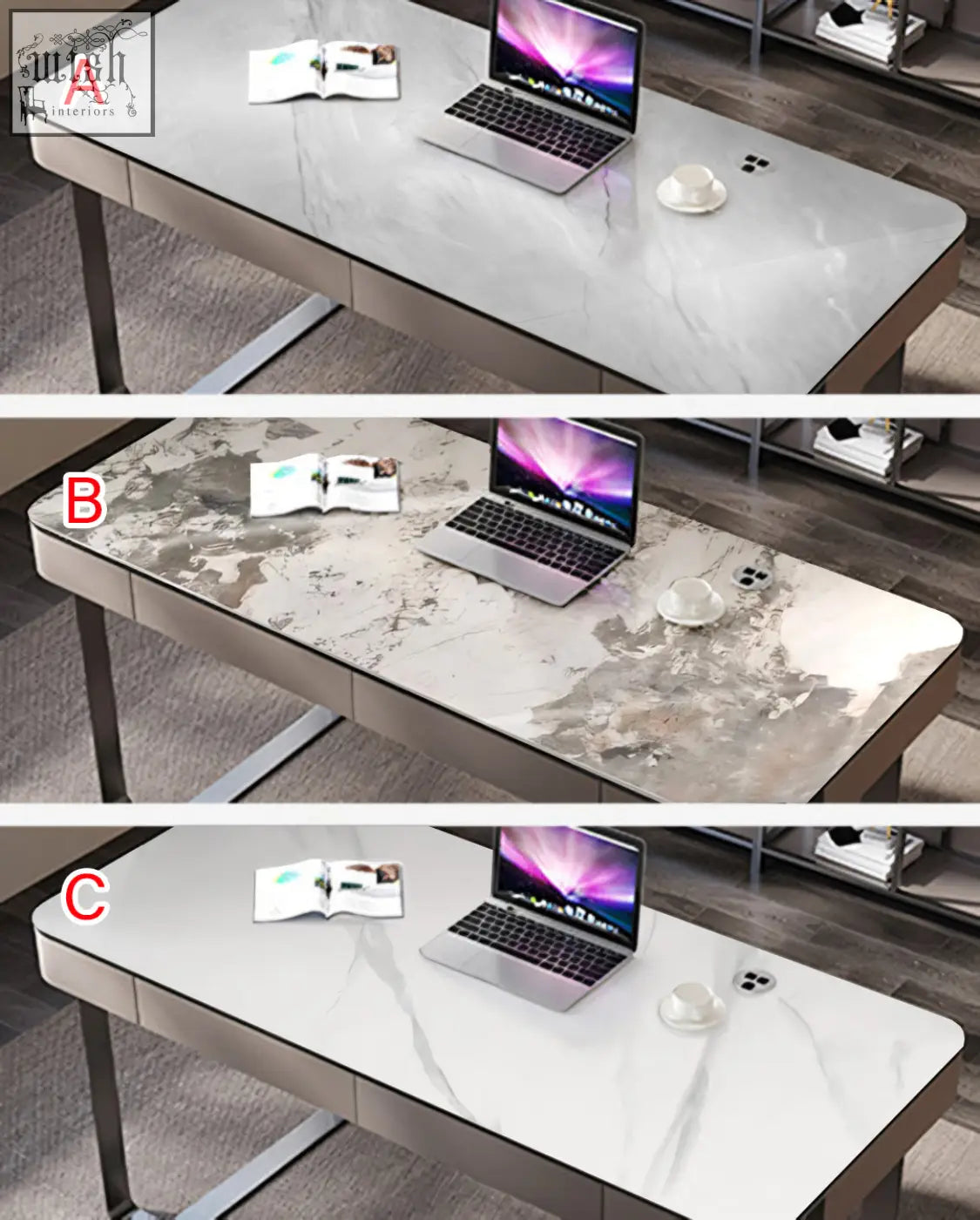 White marble patterned desk mat on hanna office desk made of durable sintered stone for stylish office desk use