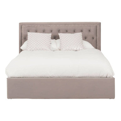 Beige tufted velvet hannah grey ottoman king bed with matching storage base and white bedding in grey ottoman king style