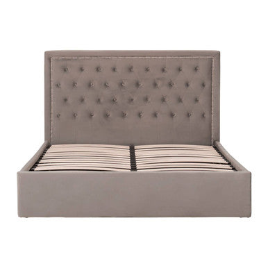 Beige upholstered hannah grey ottoman bed with tufted headboard and storage base in a grey ottoman king style