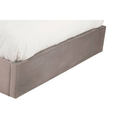 Gray upholstered hannah grey ottoman king bed base with white mattress for a stylish ottoman king bed setup