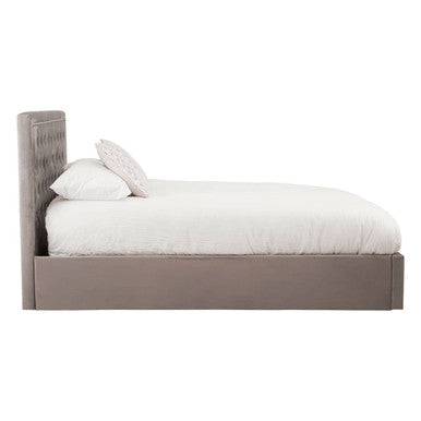 Hannah grey ottoman king bed with grey upholstered tufted headboard and footboard dressed in white bedding