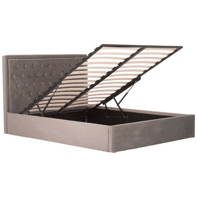 Hannah grey ottoman king bed with grey upholstered tufted headboard and lift-up storage base ottoman king bed
