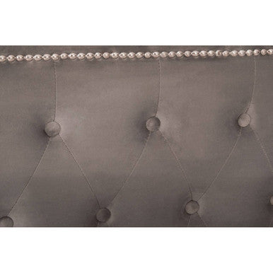 Silver tufted headboard with beaded trim on hannah grey ottoman king bed in elegant grey fabric upholstery