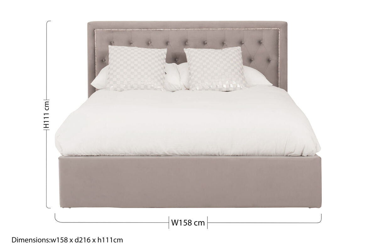 A sleek taupe upholstered hannah grey ottoman bed with tufted headboard and matching footboard in grey ottoman king style