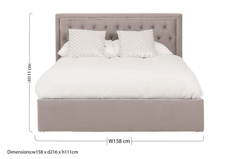 A sleek taupe upholstered hannah grey ottoman bed with tufted headboard and matching footboard in grey ottoman king style