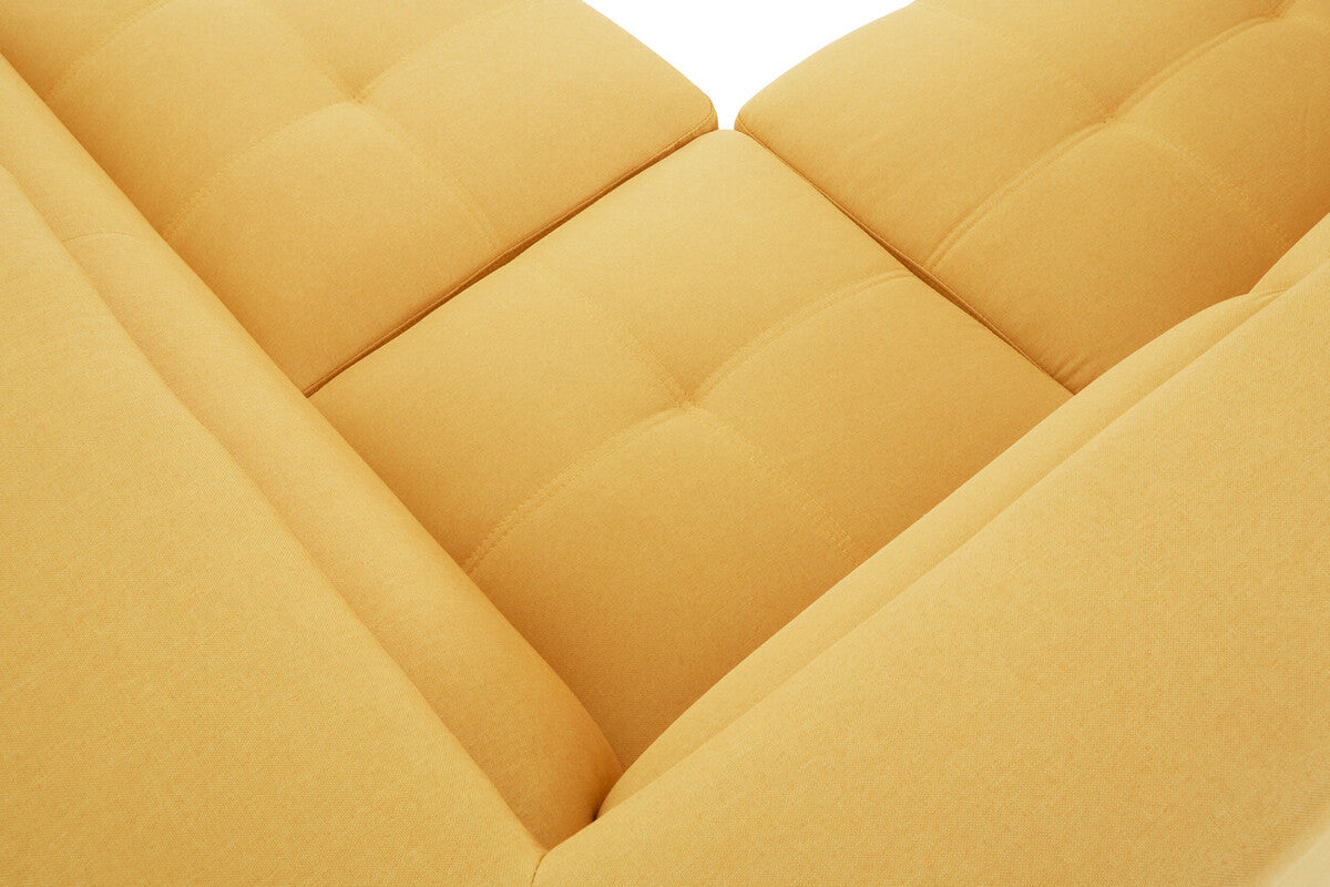 Cream-colored tufted sofa cushions with plush texture and clean seams on hanover ochre linen corner sofa
