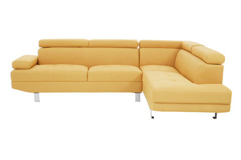 Modern mustard-yellow leather sectional sofa with sleek chrome legs inspired by hanover ochre linen style