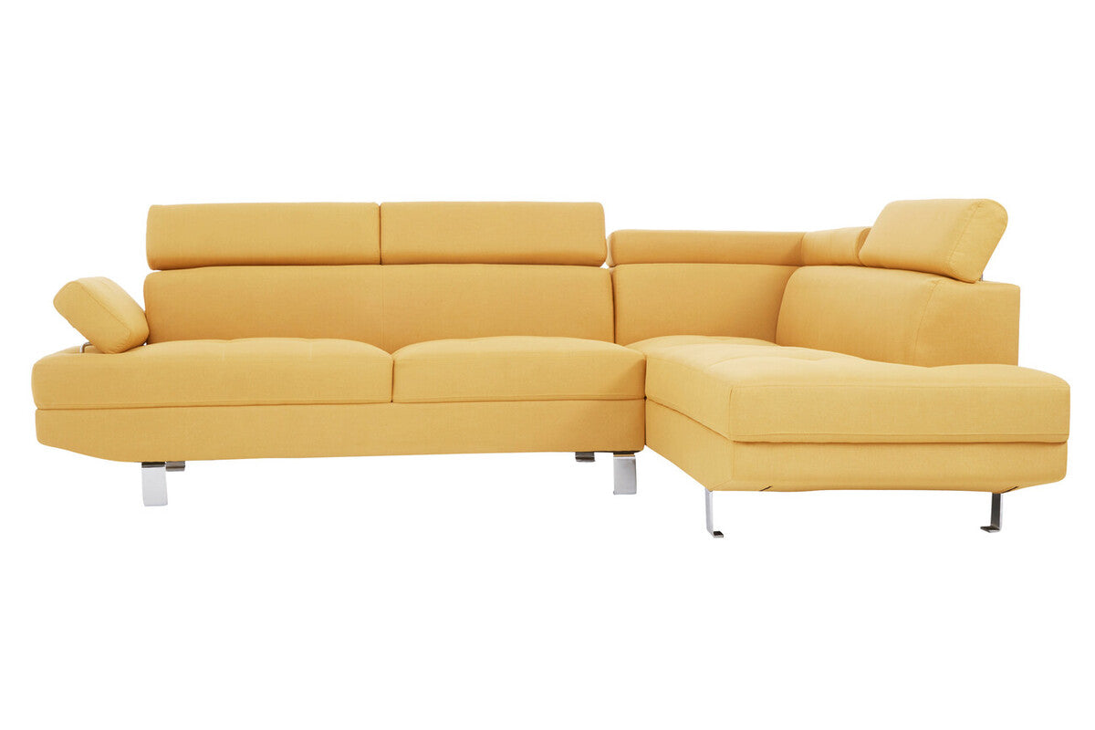 Modern mustard-yellow leather sectional sofa with sleek chrome legs in ochre linen for stylish living rooms