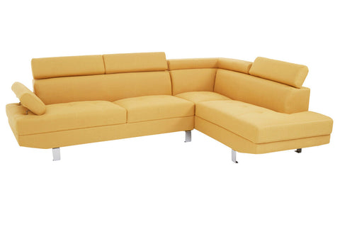 Modern mustard-yellow leather sectional sofa with sleek chrome legs for stylish living room in ochre linen style