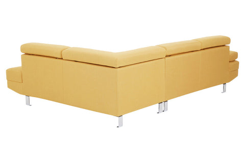 Modern mustard-yellow sectional sofa with sleek chrome legs made from ochre linen for a stylish living room