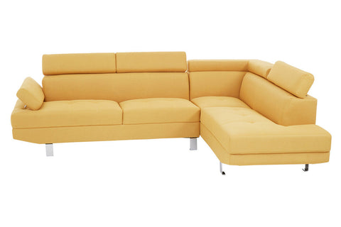 Modern mustard-yellow sectional sofa with ochre linen upholstery sleek chrome legs and tufted cushions