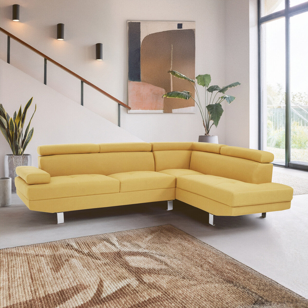 Vibrant ochre linen hanover corner sofa with clean modern lines and sleek silver metal legs