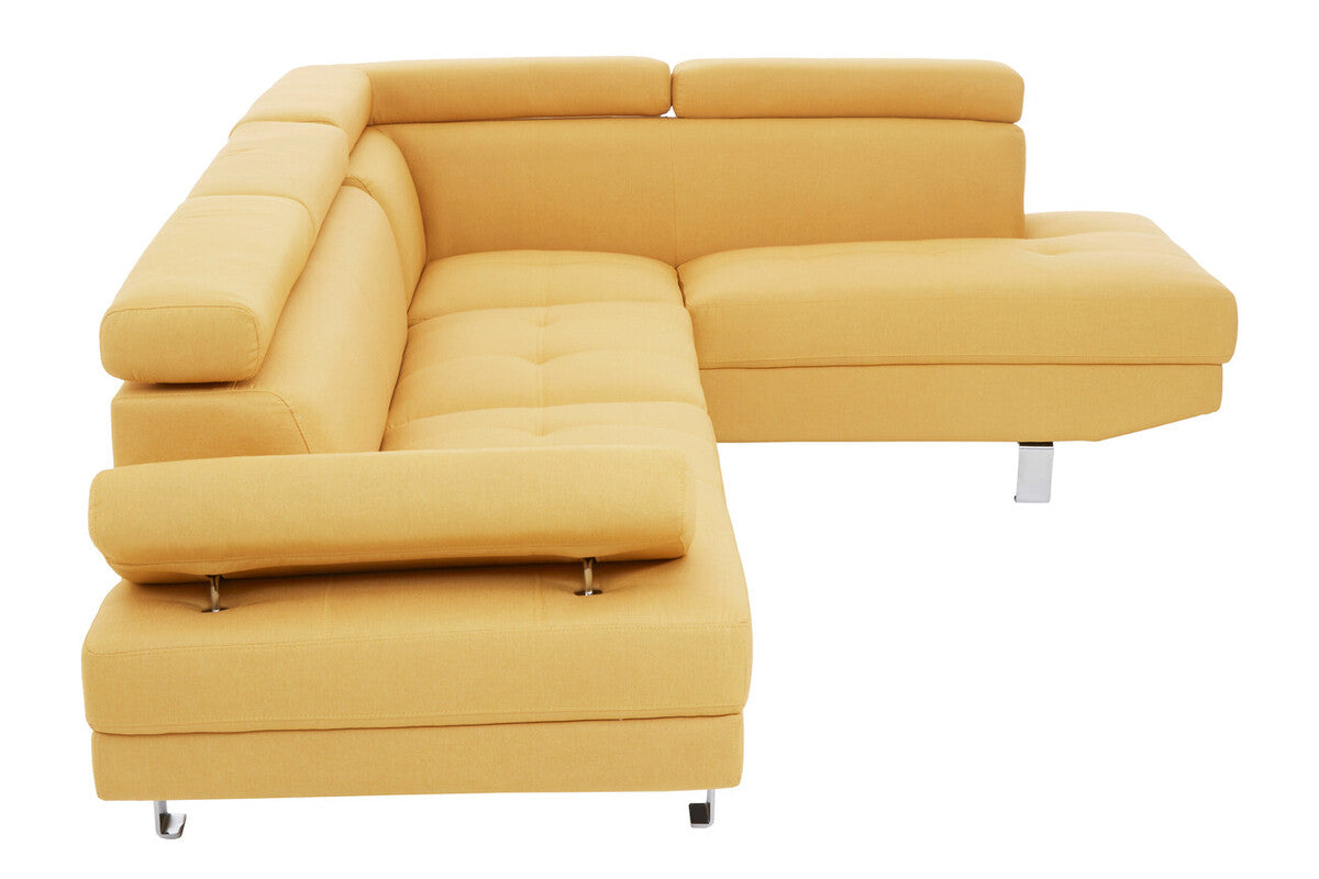 Hanover ochre linen corner sofa with yellow leather tufted cushions and sleek chrome legs for modern living rooms