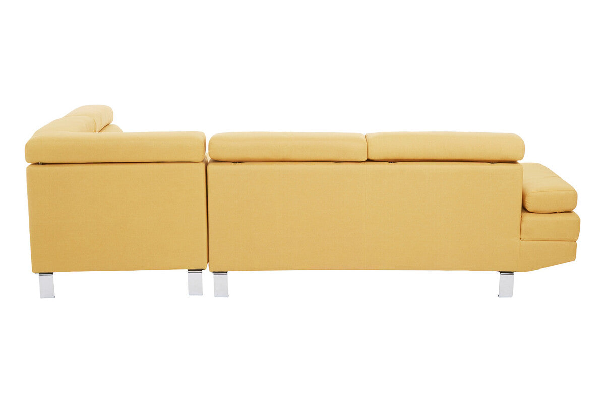 Yellow sectional hanover ochre linen corner sofa with clean lines and chrome legs perfect for modern living rooms