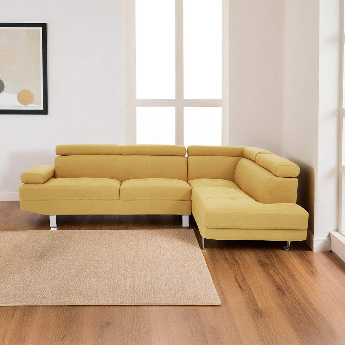 Yellow ochre linen sectional sofa with tufted cushions and chrome legs perfect for cozy corner seating