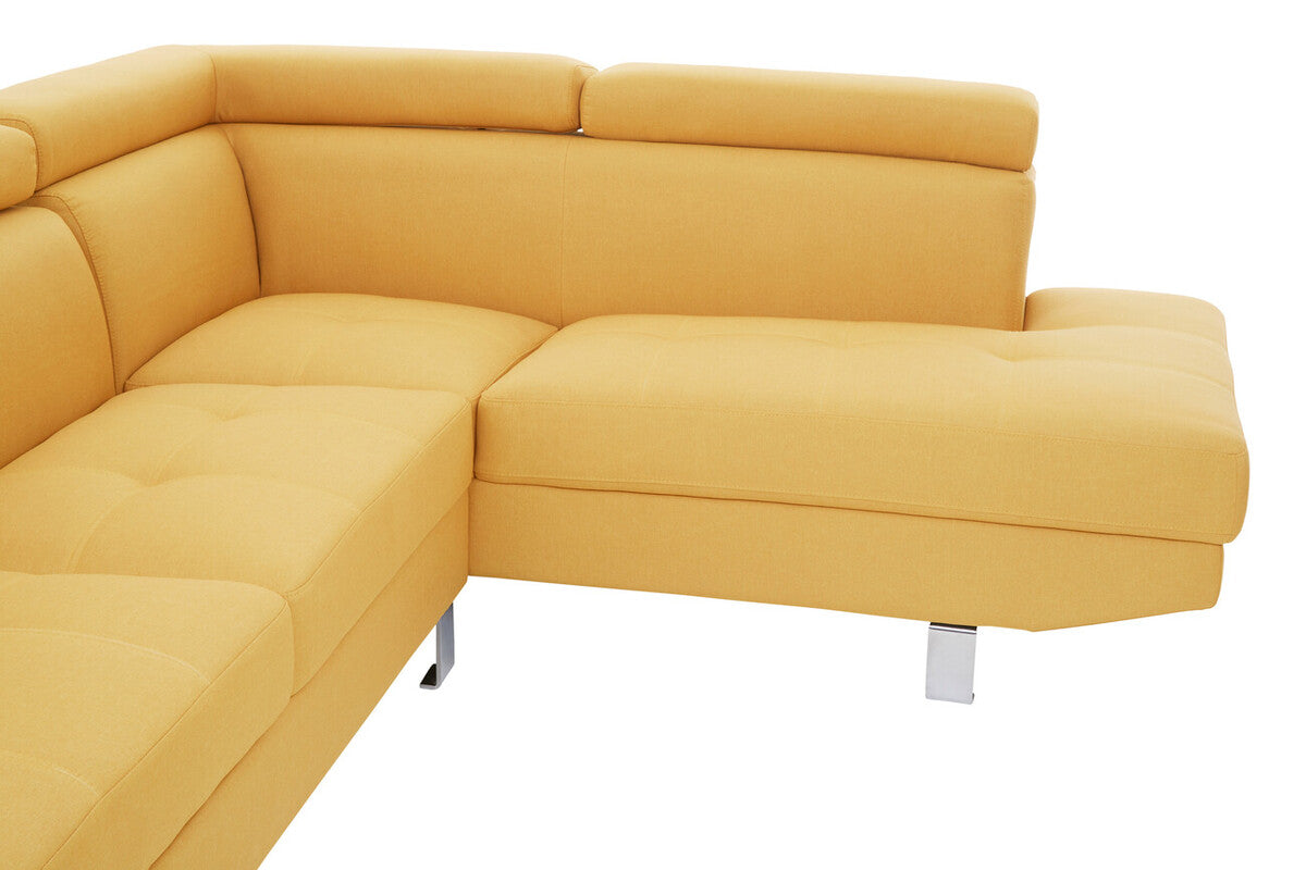 Hanover ochre linen corner sofa with yellow tufted cushions and sleek chrome legs for modern living rooms