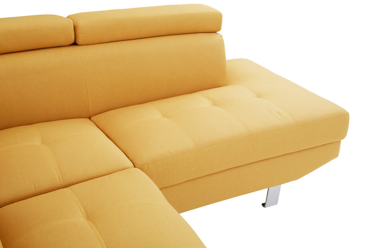 Yellow tufted ochre linen corner sofa with sleek chrome legs perfect for modern living rooms