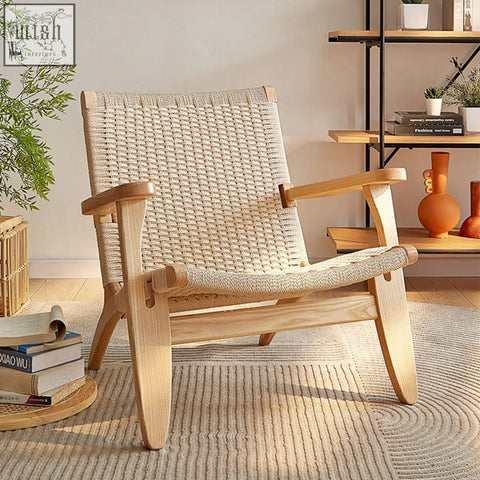 Beige woven rope ch25 oak armchair with oiled oak frame designed for stylish lounge seating