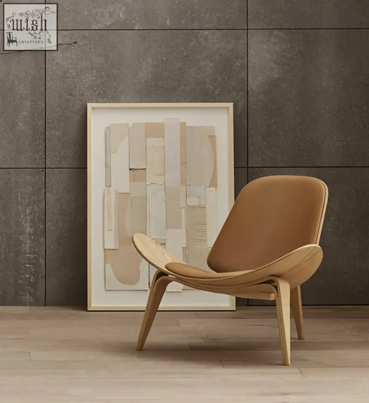 Tan leather hans wegner ch07 shell chair with sculpted oak wooden legs and frame for stylish lounge seating