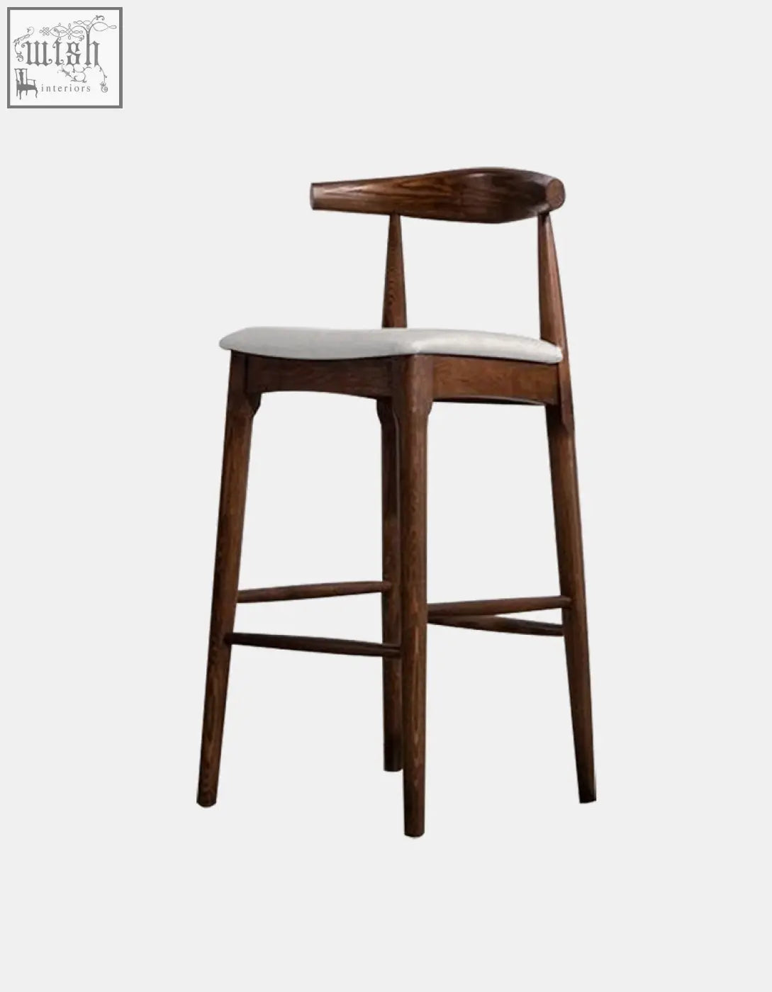 Dark wood hans wegner ch32 bar stool with curved backrest and white linen upholstered seat in oak and rosewood