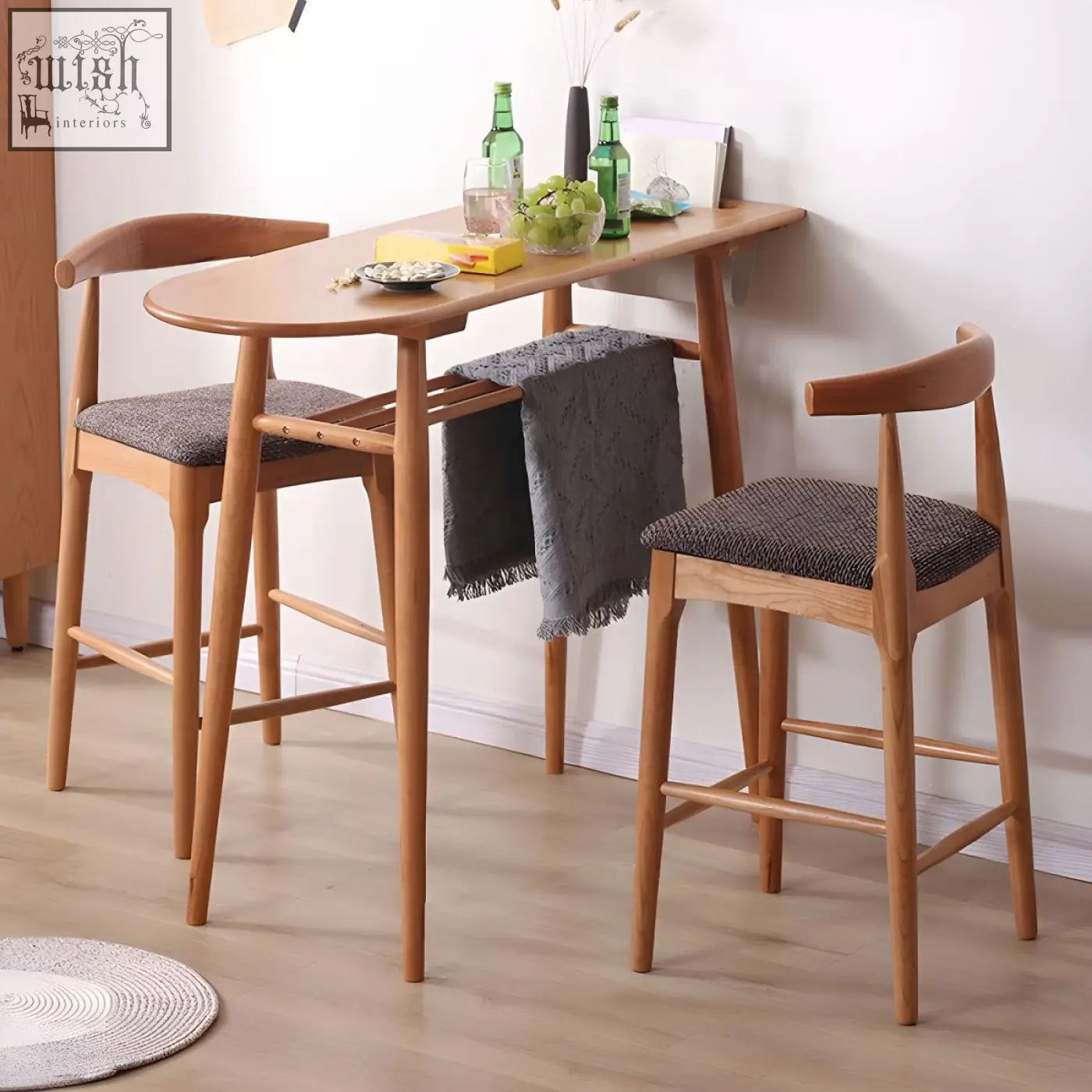 Light wood finish hans wegner ch32 bar stool with curved top and gray linen seats in oak and rosewood
