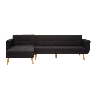 Hansa hagen black linen corner sofa bed with tufted backrest and light wood legs in black fabric sectional style