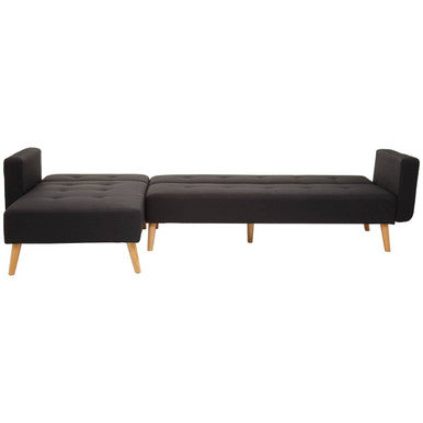 Black linen corner sofa bed with black tufted fabric and light wood legs from hansa hagen hagen black linen collection