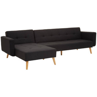 Black tufted hansa hagen black linen corner sofa bed with light wood legs and modern design