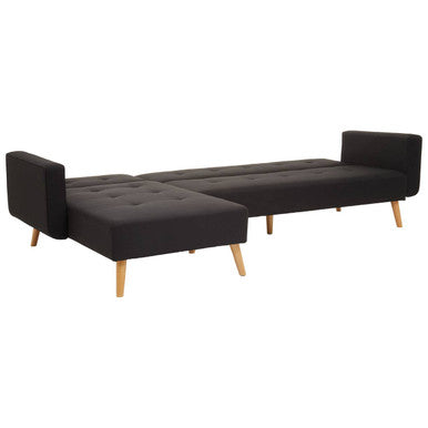 Black linen corner sofa bed hansa hagen with black upholstered l-shaped design and wooden legs