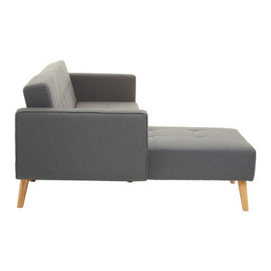 Gray upholstered hansa hagen grey linen corner sofa bed with tufted backrest and light wood legs