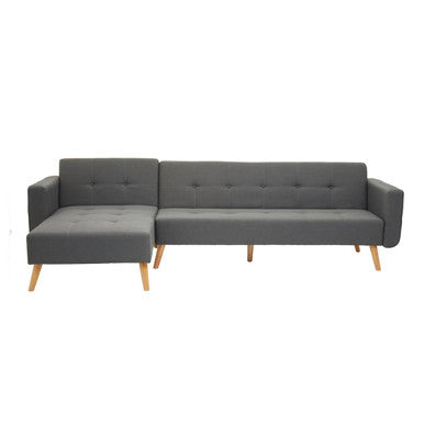 Gray upholstered hansa hagen grey linen corner sofa bed with tufted backrest and light wood legs