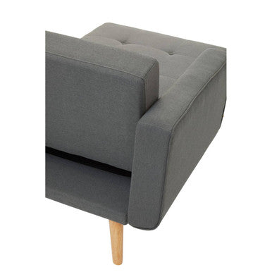 Gray upholstered armchair with tufted backrest and light wood legs part of hansa hagen grey linen corner sofa bed