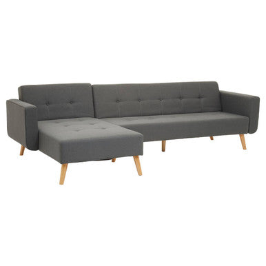 Modern grey linen corner sofa bed with tufted backrest and light wood legs perfect for lounging and sleeping