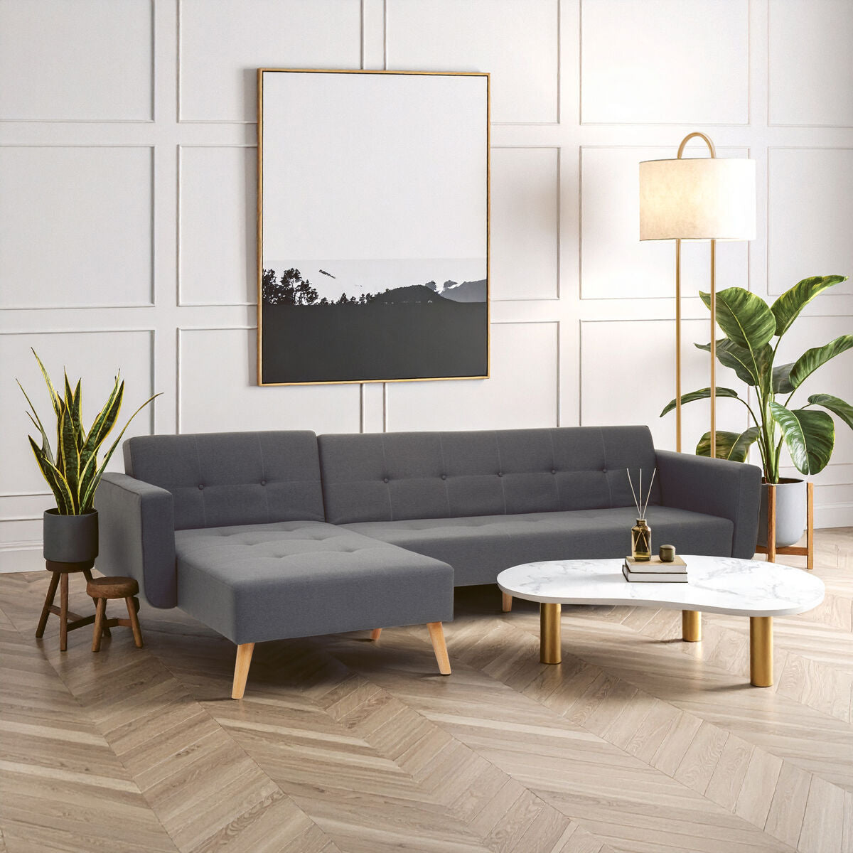 Modern grey linen corner sofa bed with tufted cushions and wooden legs from hansa hagen collection