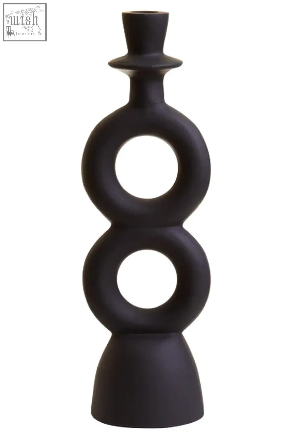 Hapax large black candle holder with matte black ceramic stacked rings and top hat finial design
