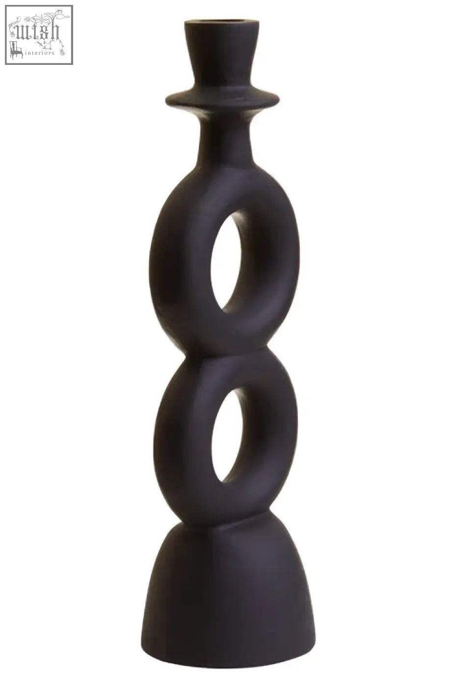 Large black ceramic candle holder with stacked circular rings and a matte black top hat-like finial for candles