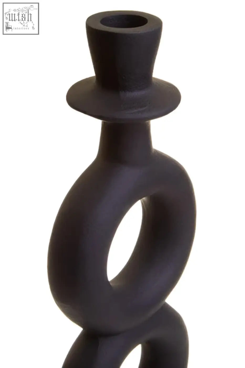 Hapax large black candle holder in matte black ceramic with top hat finial and interlocking ring design