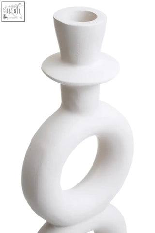 White ceramic Hapax large cream candle holder with minimalist stacked rings and tapered top cream candle holder