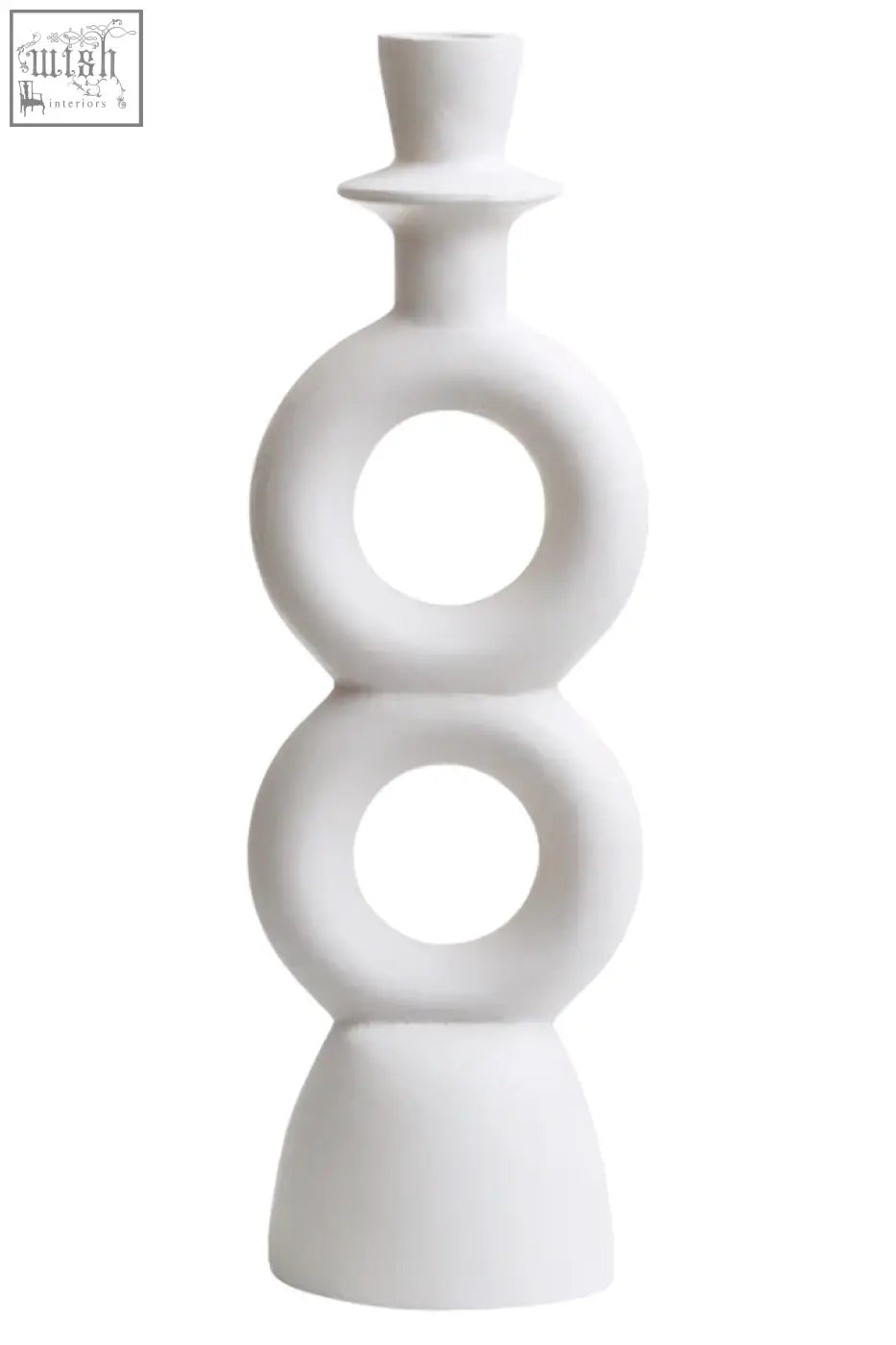 White ceramic candle holder with stacked circular rings and tapered top perfect for large cream candle holder