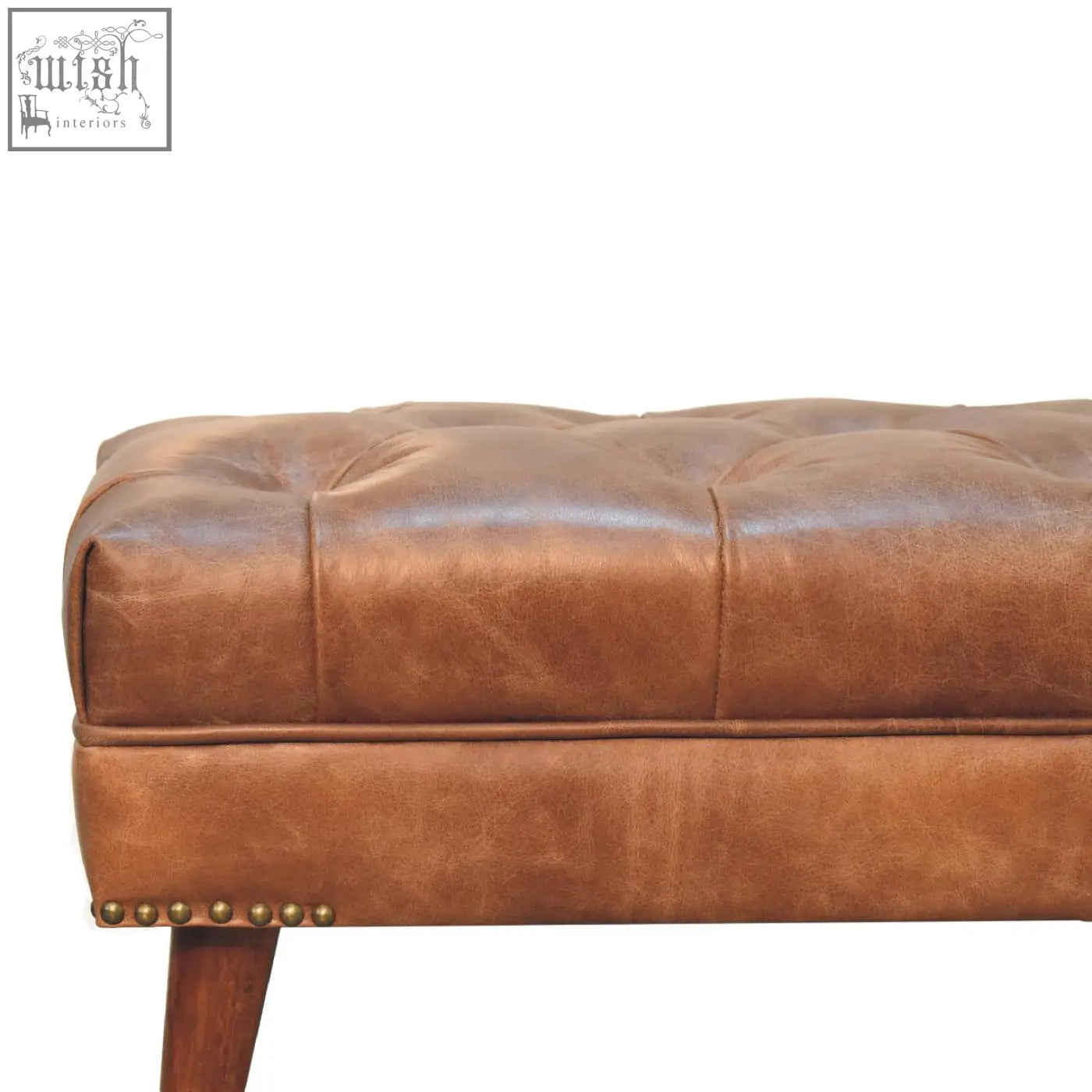 Harbour brown leather bench with tan tufted brown leather upholstery brass nailhead trim and mango wood legs
