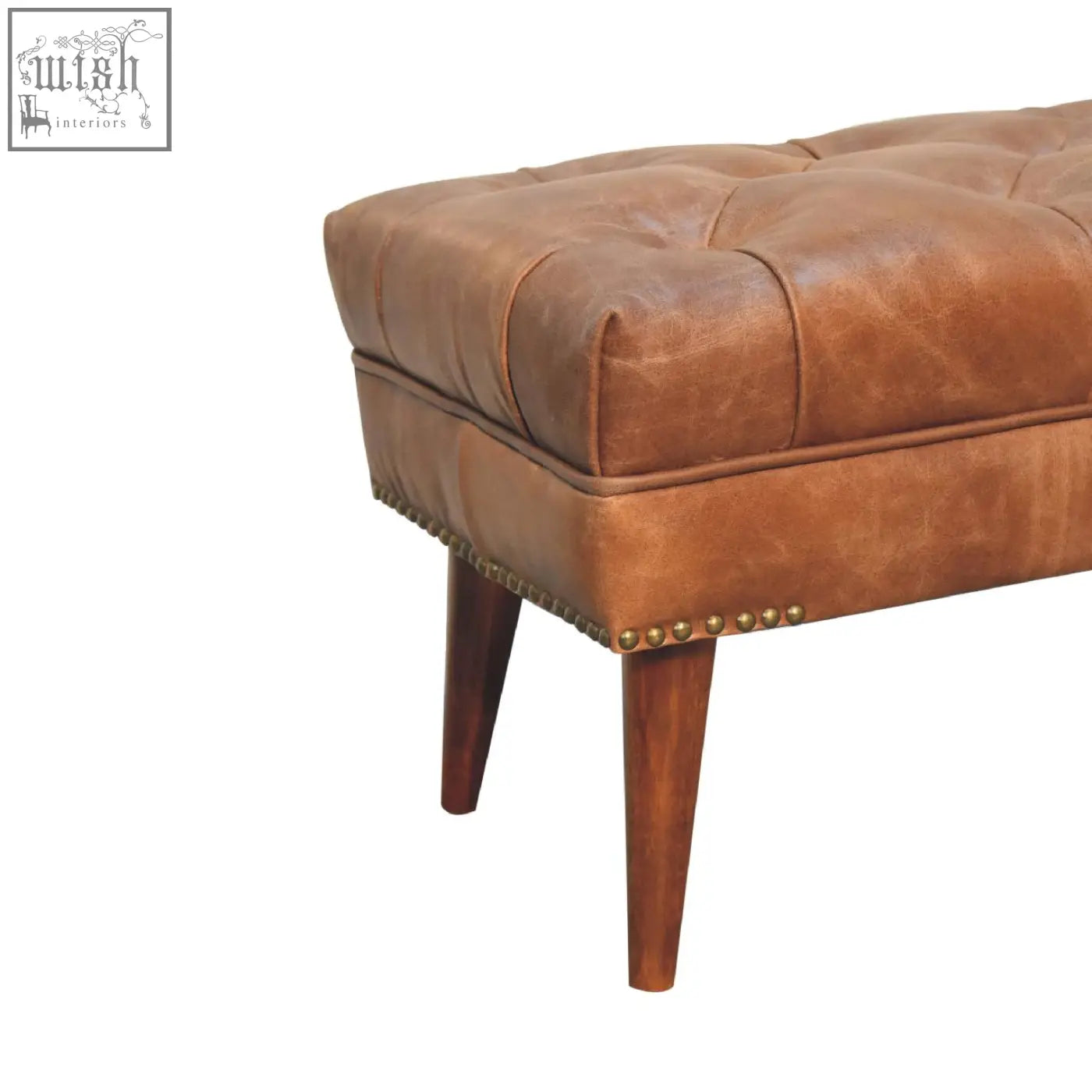 Harbour brown leather bench with tufted brown leather, brass nailhead trim, and tapered mango wood legs in chestnut