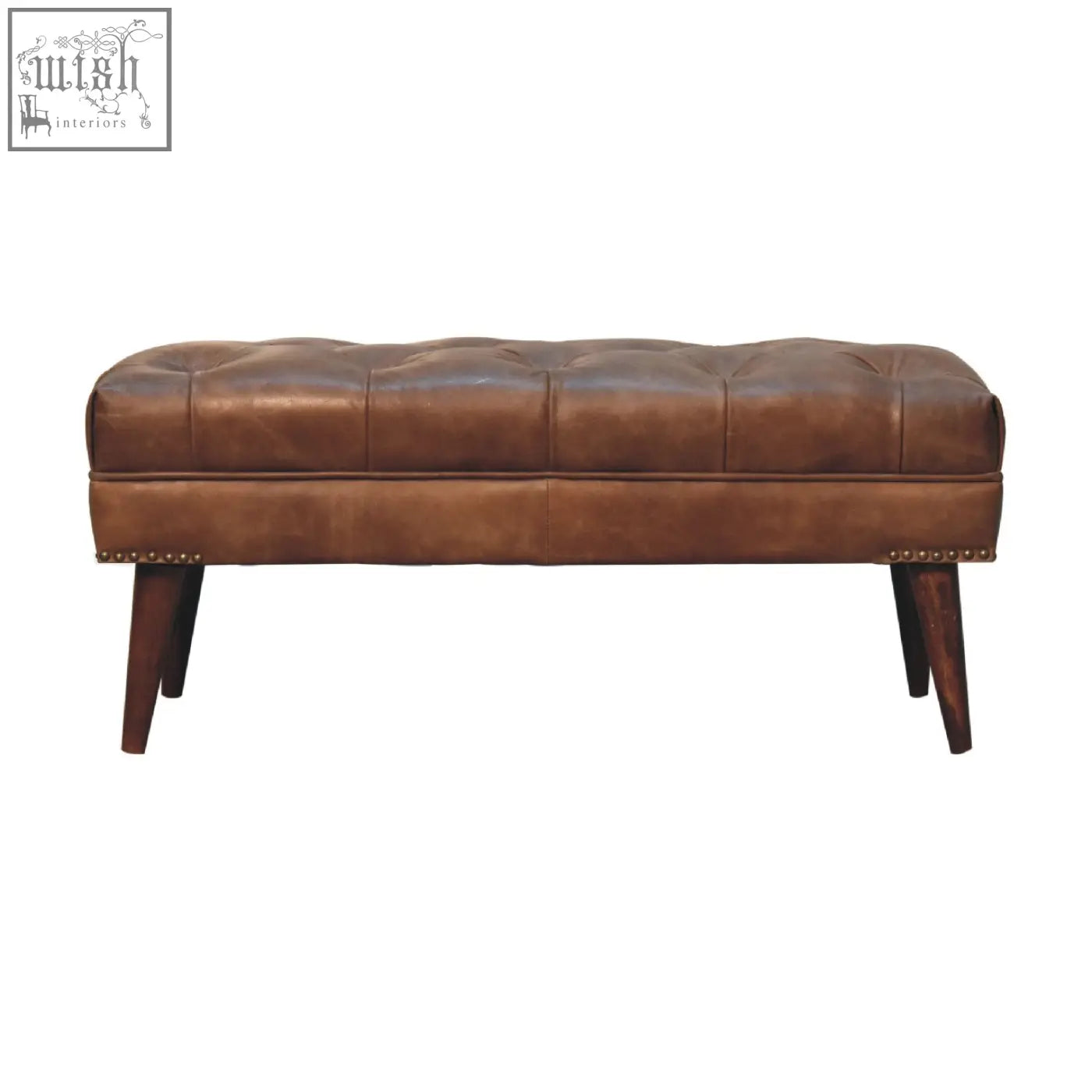 Harbour brown leather bench with brown leather tufted seat dark mango wood legs and brass nailhead trim