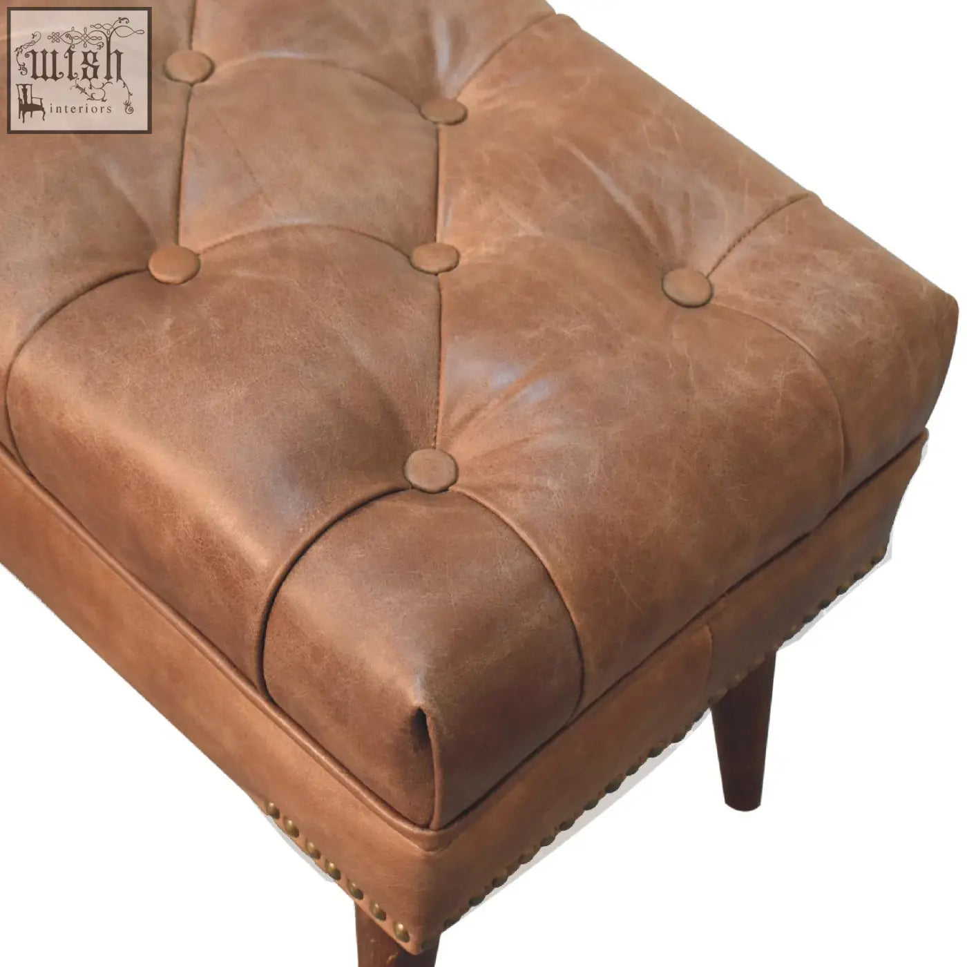 Harbour brown leather bench in brown leather with tufted button detailing and dark mango wood legs