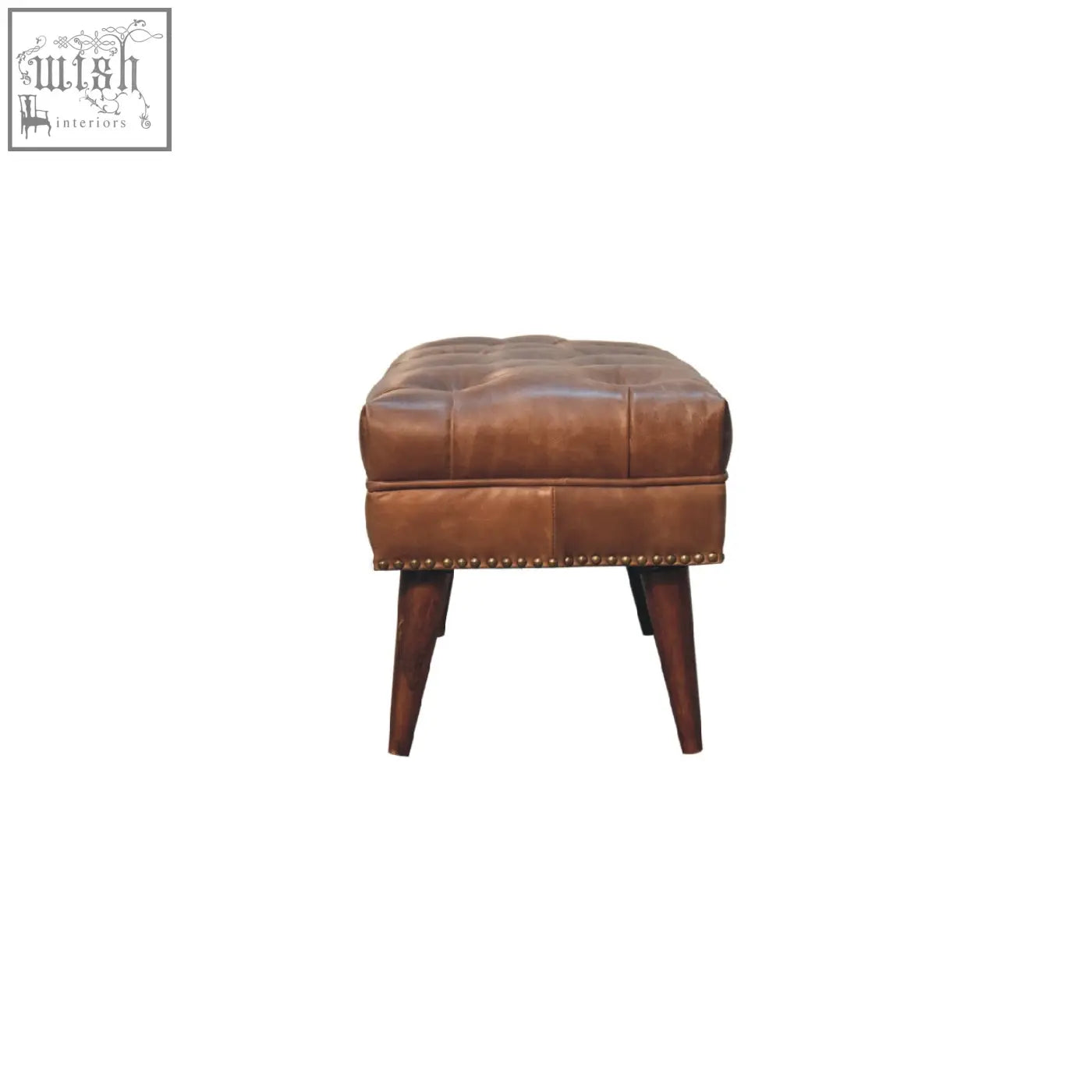 Harbour brown leather bench chestnut with tufted brown leather top nailhead trim and mango wood legs