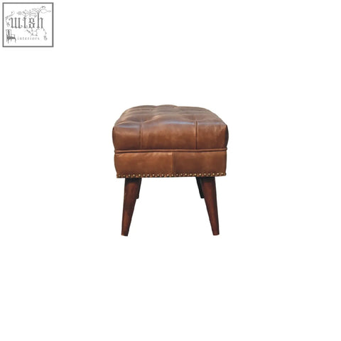 Harbour brown leather bench chestnut with tufted brown leather top nailhead trim and mango wood legs